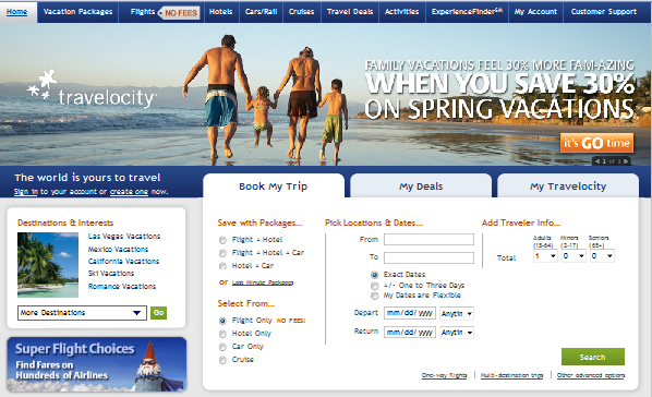 travelocity homepage screenshot
