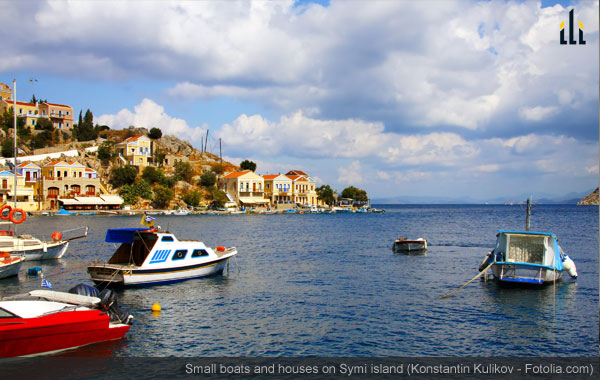 Small boats and houses on Symi island