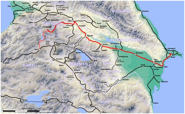 Map of the Kars-Akhalkalaki-Tbilisi-Baku railway