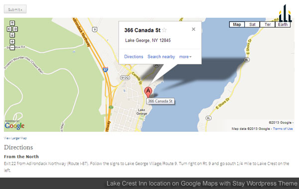 Lake Crest Inn location on Google Maps with Stay WordPress Theme