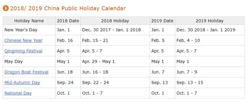China Public Holiday Calendar