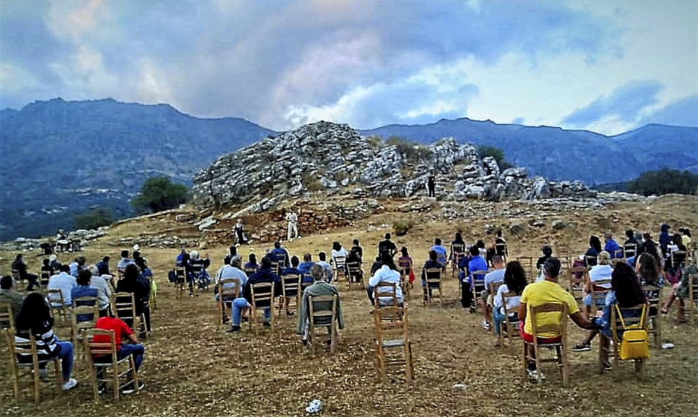 Athanasia Kanta addresses a group at the Minoan Palace of Monastiraki, Crete. 
