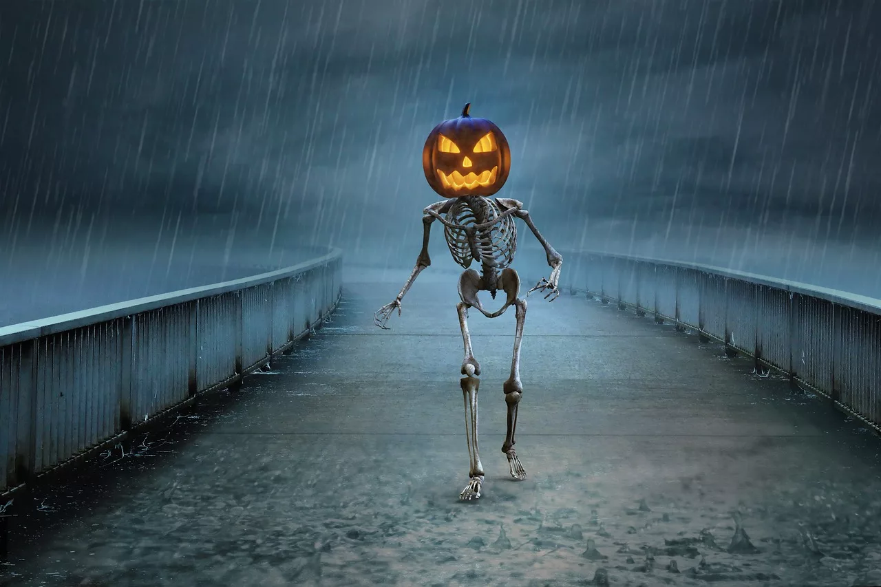 Halloween skeleton  in the rain