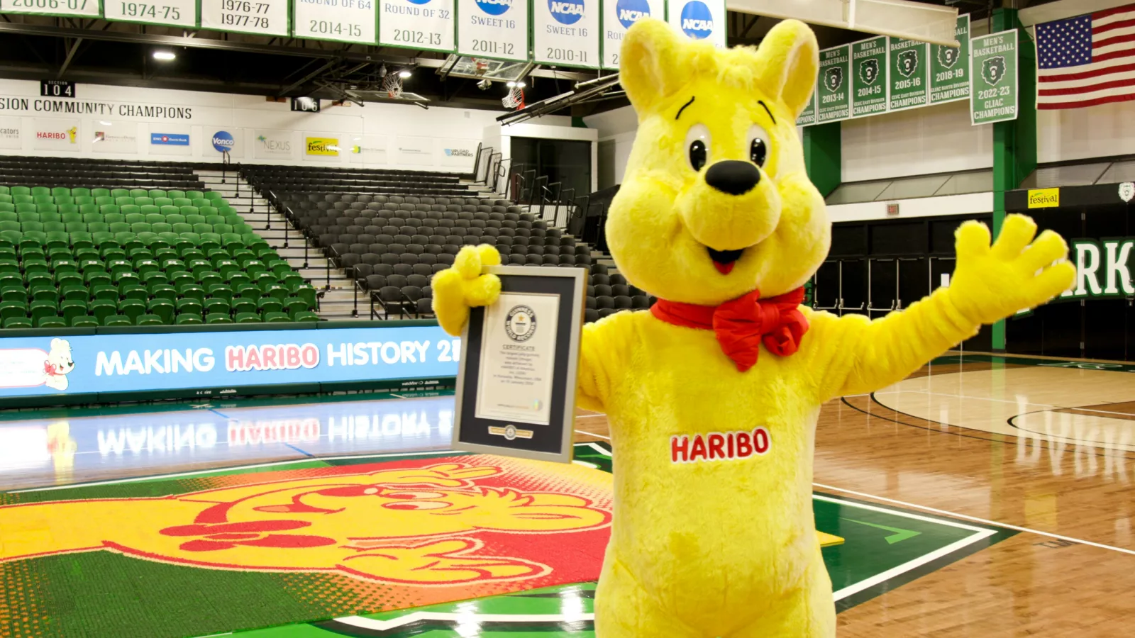 HARIBO mascot holding the GUINNESS WORLD RECORDS