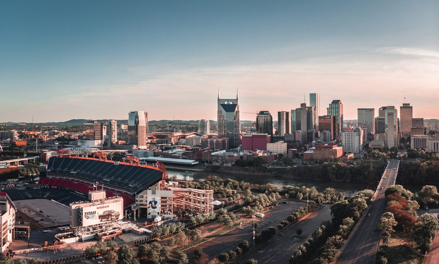 Downtown Nashville skyline at sunset
