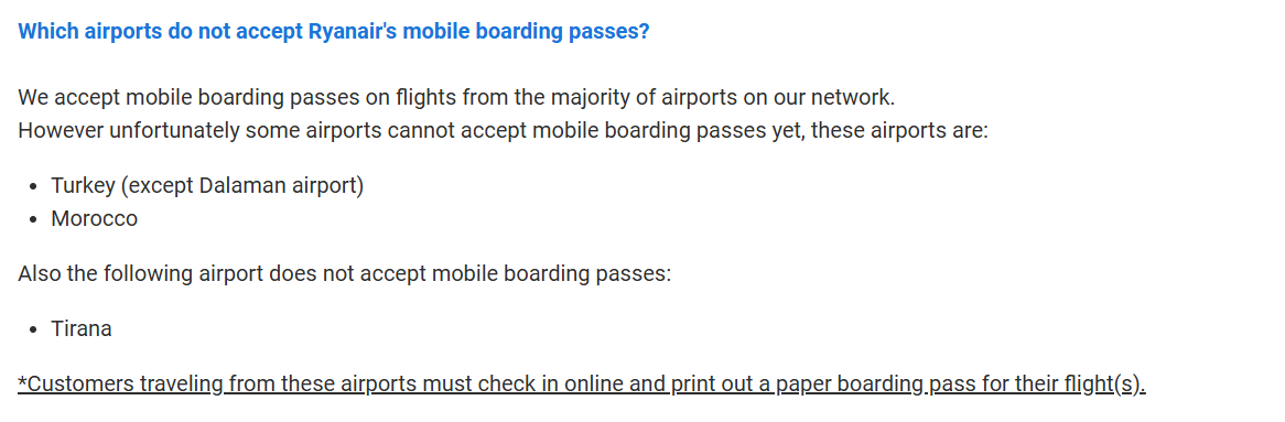 Travelers to Türkiye, Morocco, and Albania need printed boarding passes as mobile passes aren't accepted.