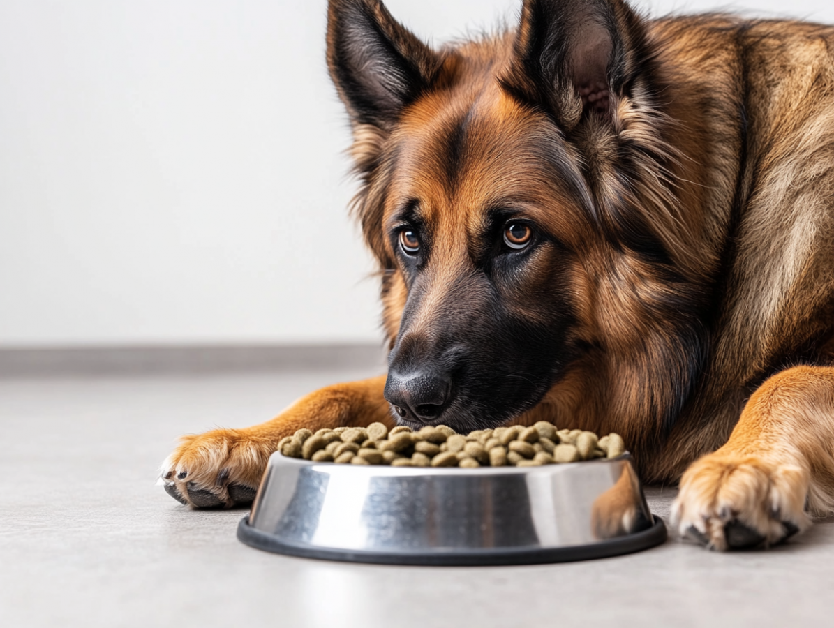 German Shepherd in front of a bowl of food.