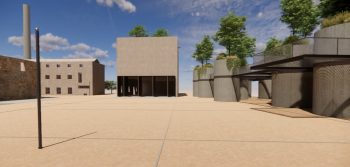 Photorealistic illustration of the configuration of the outdoor space using part of the silos for planting