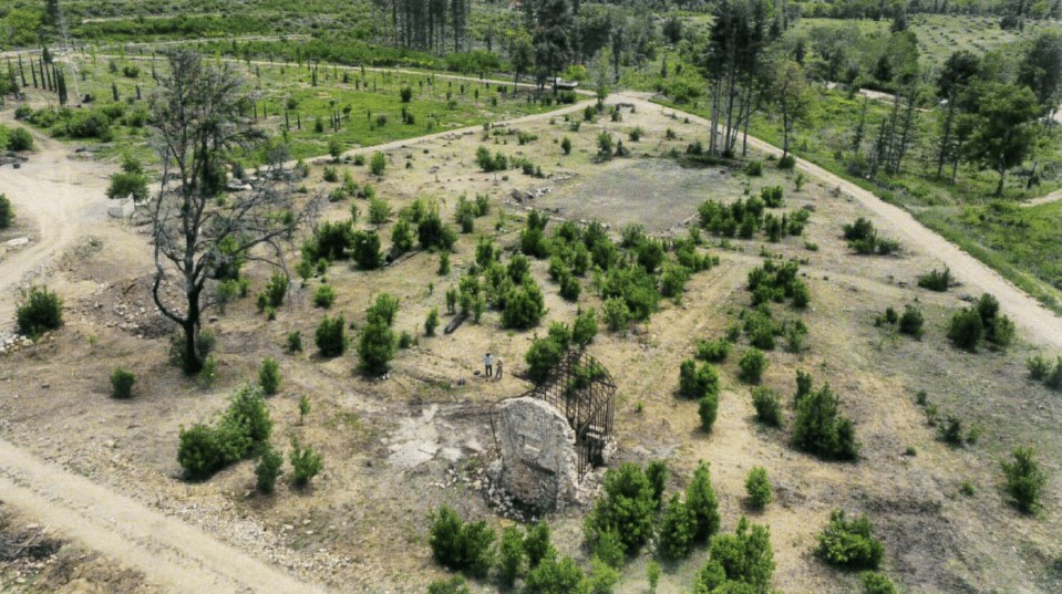 View of the greenhouse and the gardens under construction from above