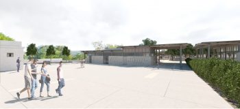 Photorealistic rendering of the new entrance. View from the courtyard towards the square