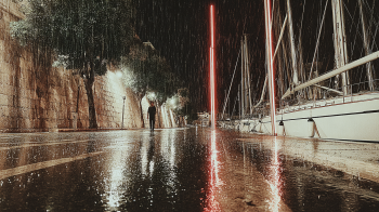 Rain falling over Heraklion harbor