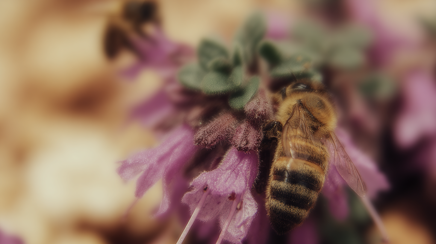 honeybee perched on blooming purple thyme flowers