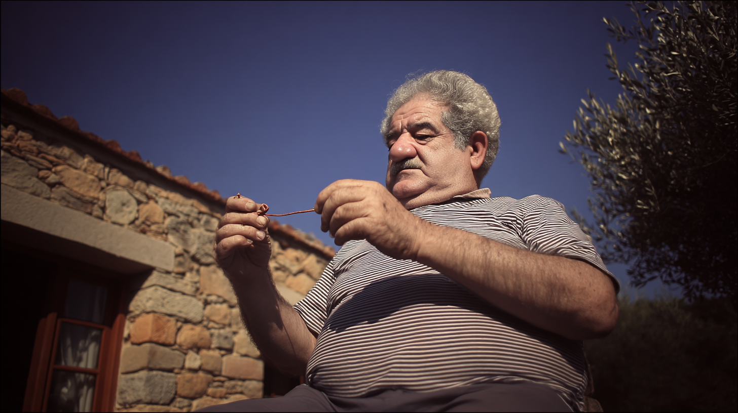 lderly Cretan man sitting outside a sunlit stone house, rolling a handmade cigarette
