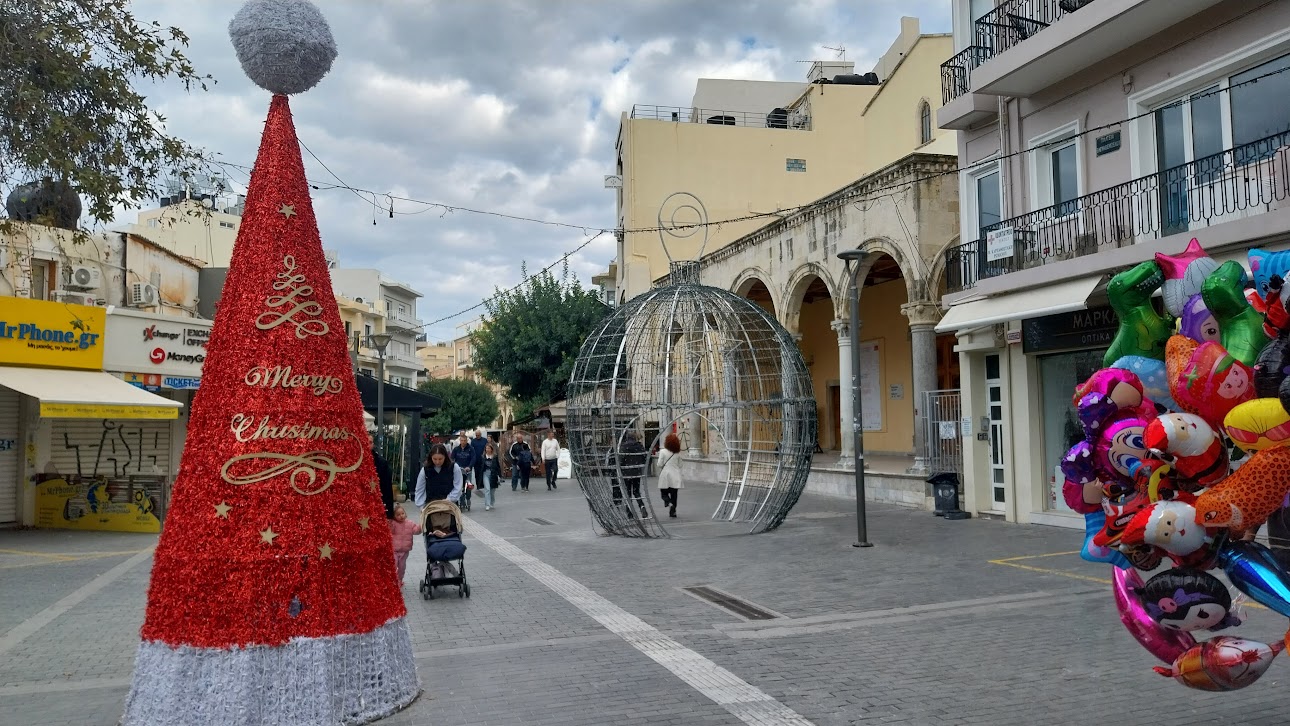 The oversized Christmas ornaments on 25th of August Street. 