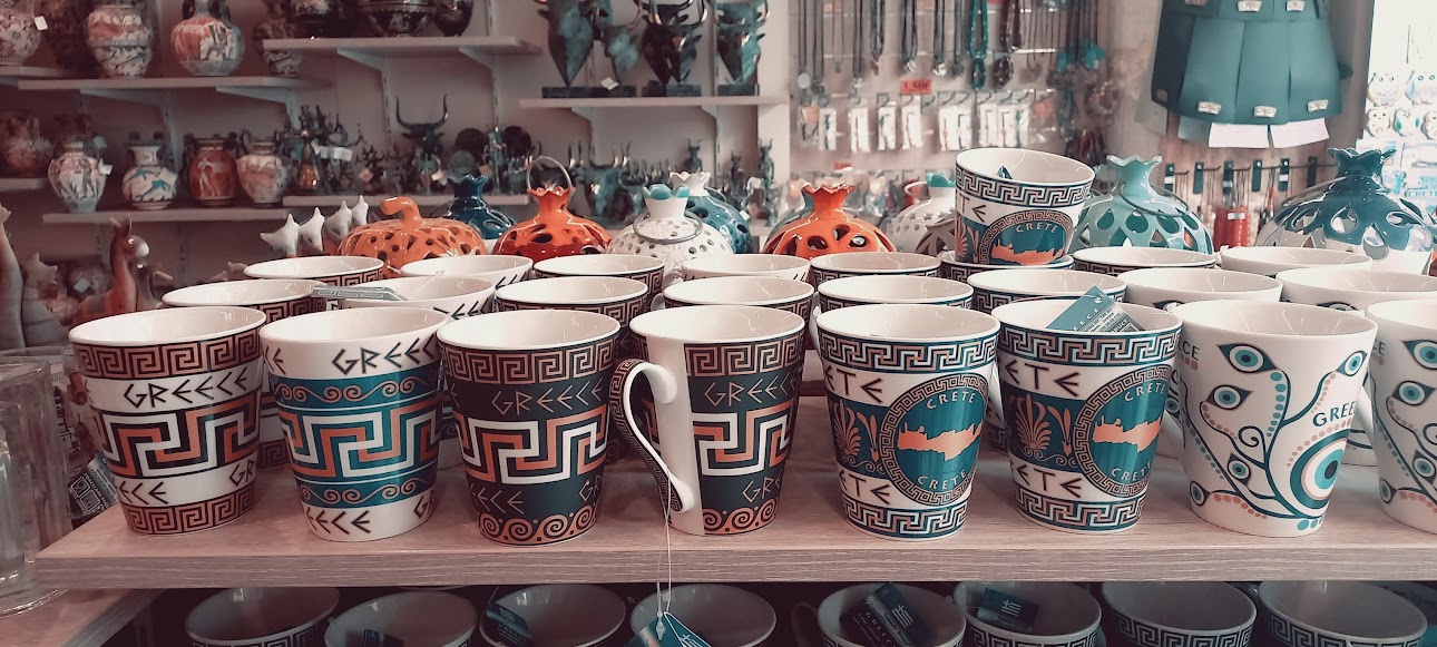 Cretan coffee cups with different motifs, including mati.