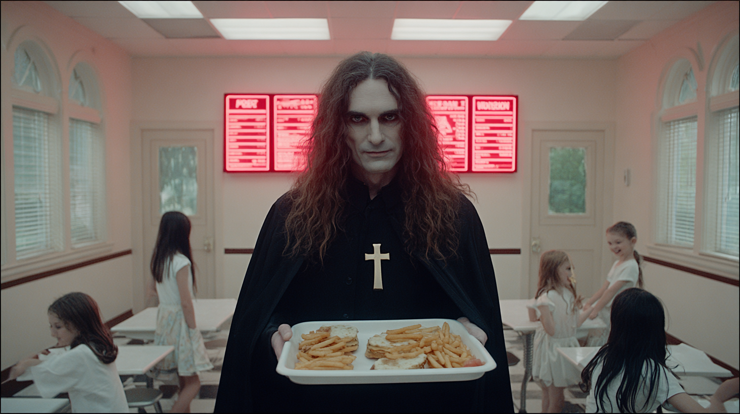 Dracula standing in a modern food court 