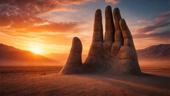A wide panoramic view of La Mano del Desierto, a massive stone hand sculpture rising from the sands of Chile’s Atacama Desert, illuminated by a dramatic orange and purple sunset with distant mountains silhouetted along the horizon.