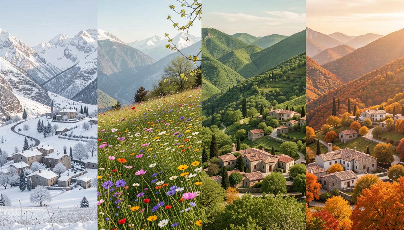 Greek mountain landscape across four seasons