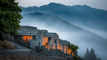 mountain village in Greece at golden hour