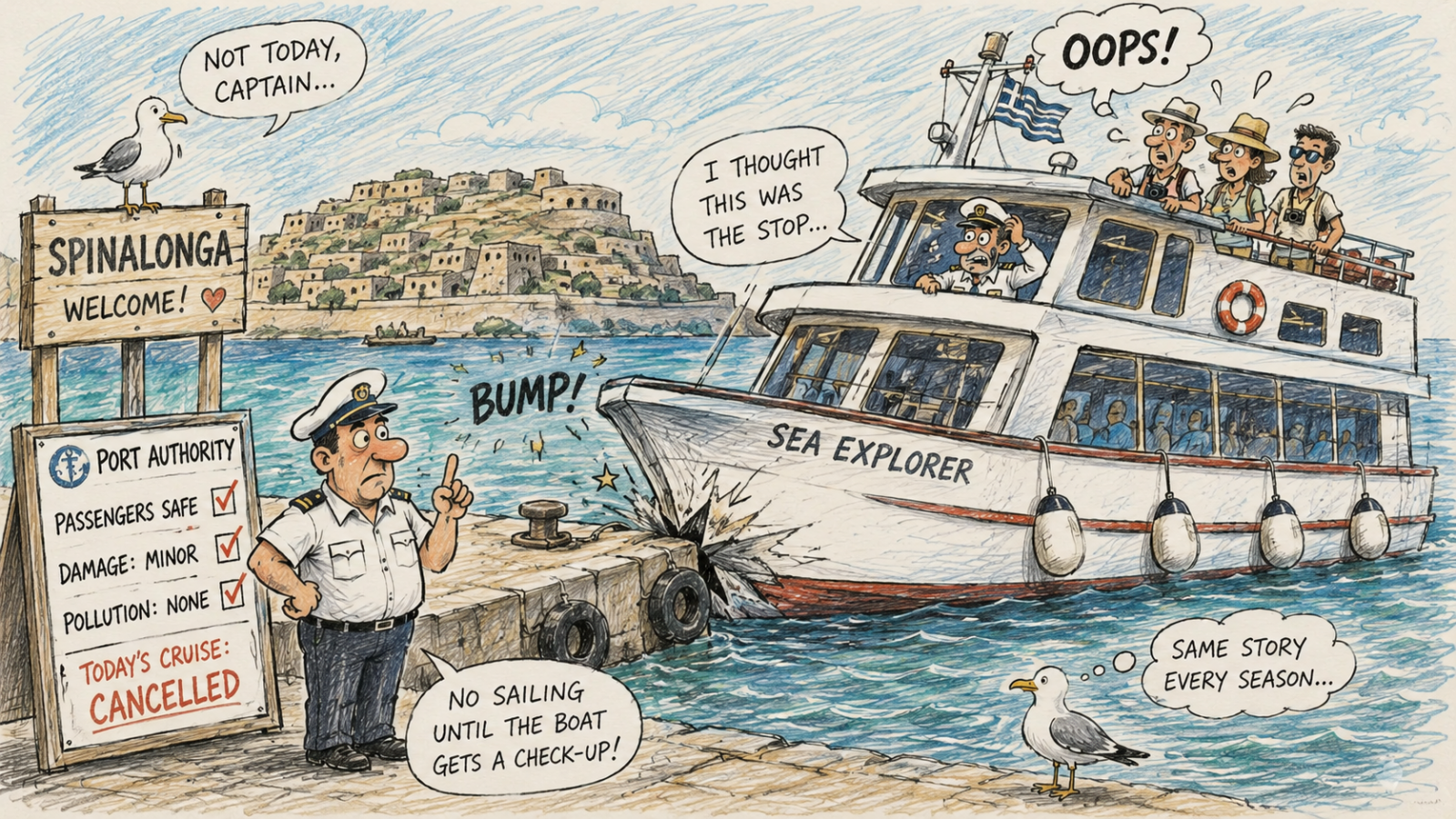 Spinalonga pier accident cartoon